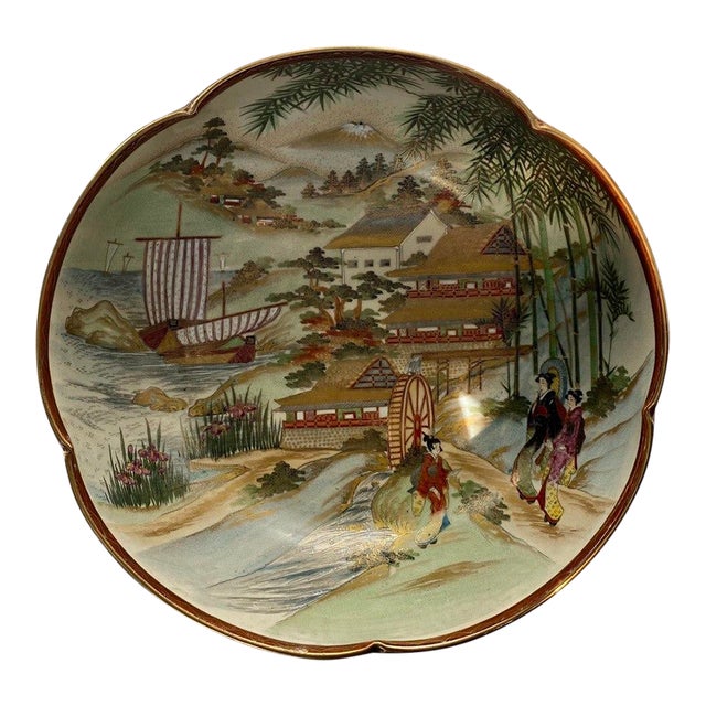 Large Antique Japanese Satsuma Scenic Bowl With Scalloped Rim – Autumn Landscape, Figures & Waterwheel For Sale