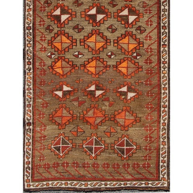 Antique Turkish Tribal Runner in green background and rusty red, orange/ Keivan Woven Arts rug/TU-TRS--4645. Turkish...