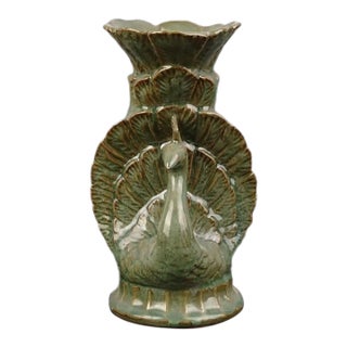 Early 1900s Chinese Porcelain Wine Cup Song Xikou Kiln Celadon Zun Cup Hand Carved Peacock Statue | Xikou Ware Ceramic Wine Cup For Sale