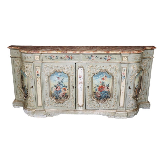 Italian Venetian Style Distressed Painted Sideboard With Faux Marble Top For Sale