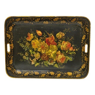Antique French Country Tole Metal Hand Painted Floral Large Serving Platter Tray For Sale