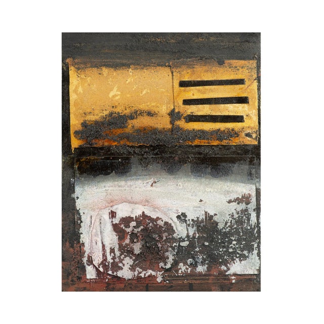 A 2001 mixed media painting and collage on board titled, Nachi II #6 by American artist Juliet Holland (1937-2017). Sand,...