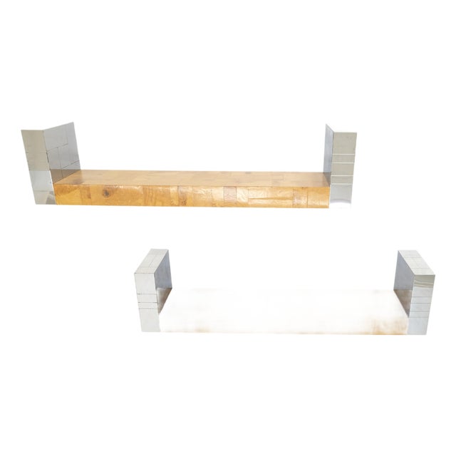 Pair Paul Evans Bracket Shape Burl Walnut Polished Chrome Hanging Shelves Mint For Sale
