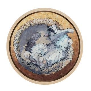 Good Morning Sunshine by Deb Komitor | Oil On Birch Panel Cat Sleeping in a Round Bed For Sale