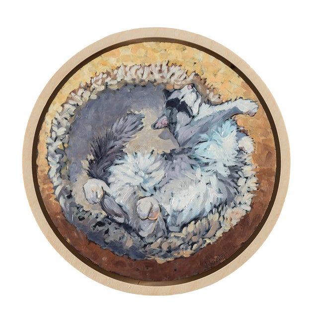 Good Morning Sunshine by Deb Komitor | Oil On Birch Panel Cat Sleeping in a Round Bed For Sale
