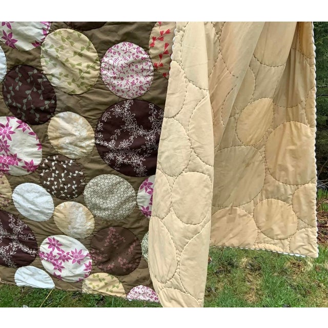 Brown Hippie-Chic Japanese Cotton Medallion Quilt — Chocolate Brown & Pink Floral Circles, Hand Quilted, 66x88in. For Sale - Image 8 of 18
