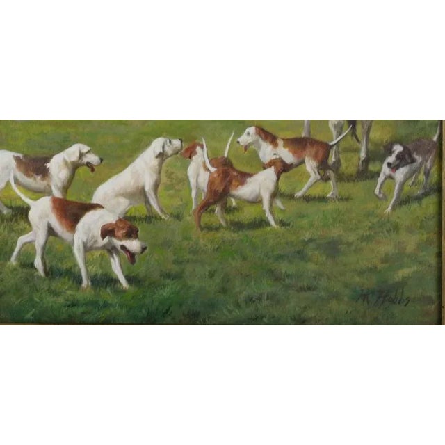 English Mid 20th Century The Fox Hunt English Sporting Oil on Canvas Signed HK Hobbs For Sale - Image 3 of 5