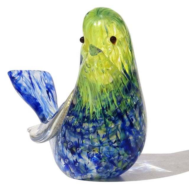 Art Deco Vintage Murano Barovier Toso Yellow Blue Spots Gold Fleck Italian Art Glass Love Bird Figurine Paperweight For Sale - Image 3 of 6