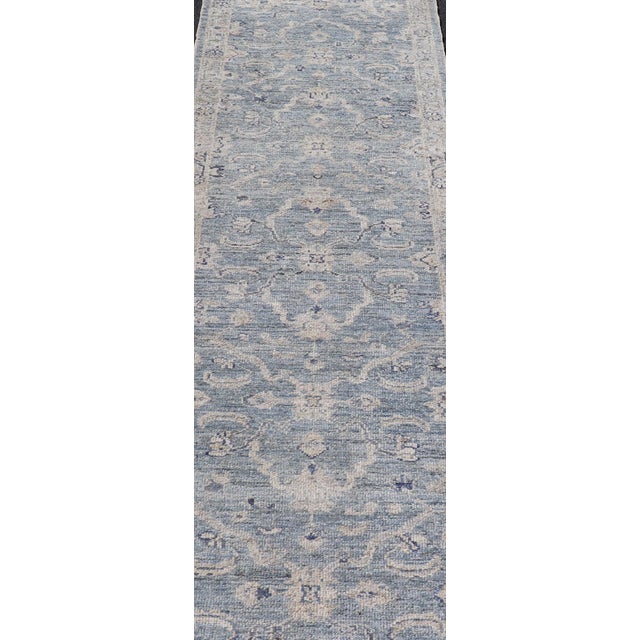 Angora Turkish Oushak Runner With Floral Design and Medium Blue and Grey Border 2'7 X 11'8 For Sale - Image 4 of 11