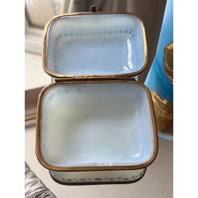 Beautiful antique pale blue opaline glass box // Napoleon III era // 1850-1870 // hand-enameled boule de savon hinged box // collectible For Sale In Kansas City - Image 6 of 15