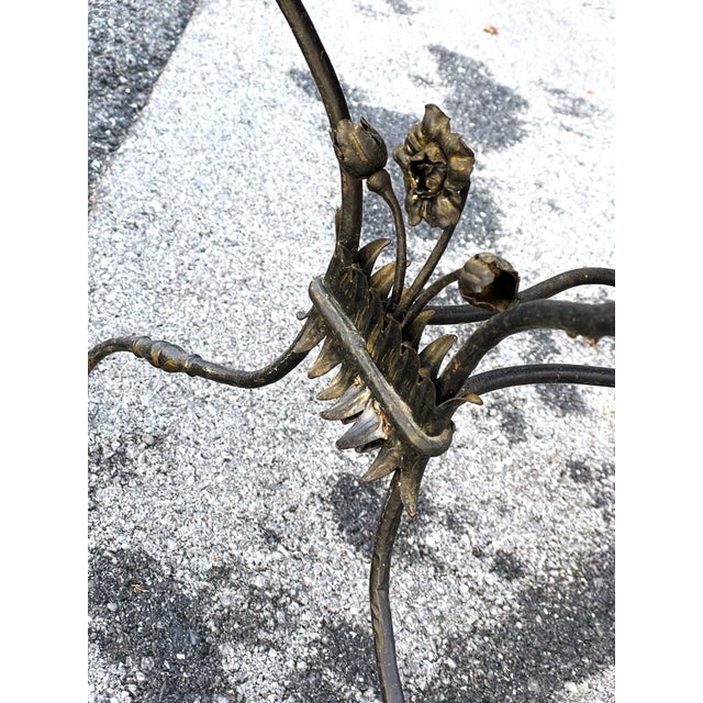 French Wrought Iron Side Table W/ Flowers & Wooden Top For Sale - Image 6 of 12