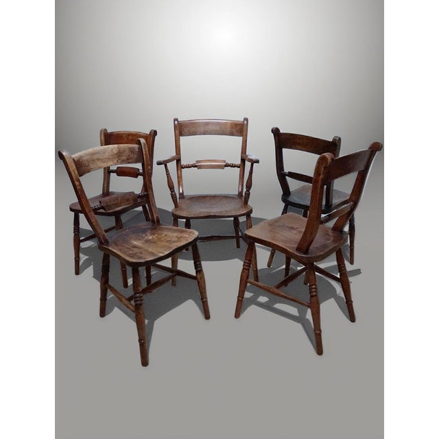 Unique set of 5 georgian oxford bar back windsor chairs 4 side chairs and 1 armchair in solid beech and elm wood hand...