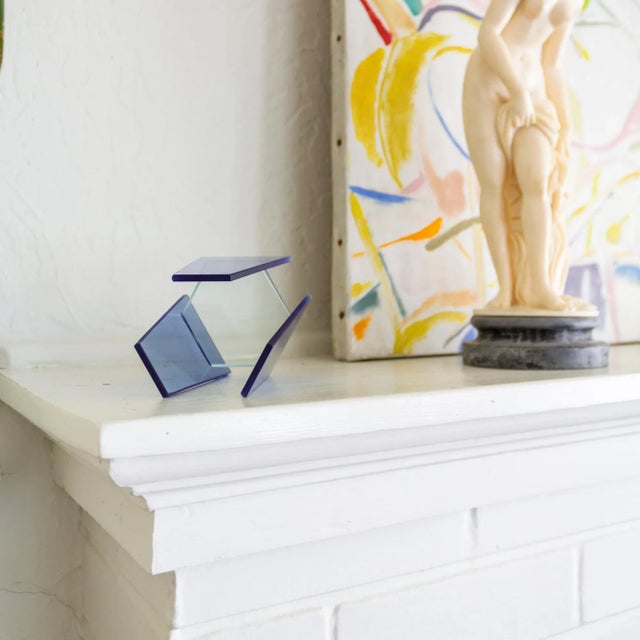 Glass Postmodern Blue Glass Geometric Candle Holder or Sculpture For Sale - Image 7 of 13