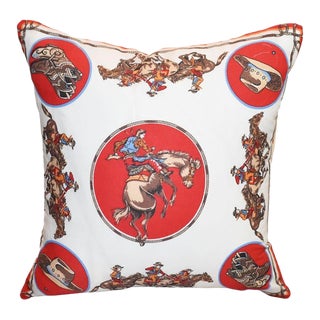Red Square Scarf Cowboy Motif Silky Pillow With Down Insert For Sale