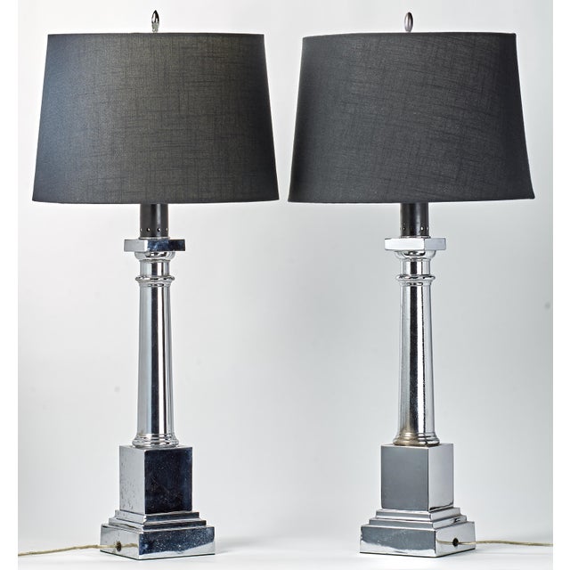 Modern 1960s Pair of Chrome Column Table Lamps With Black Linen Shades For Sale - Image 3 of 8
