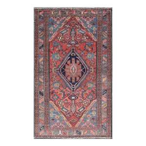Antique Persian Hamadan Rug With Colorful Geometric Medallion on Red Background