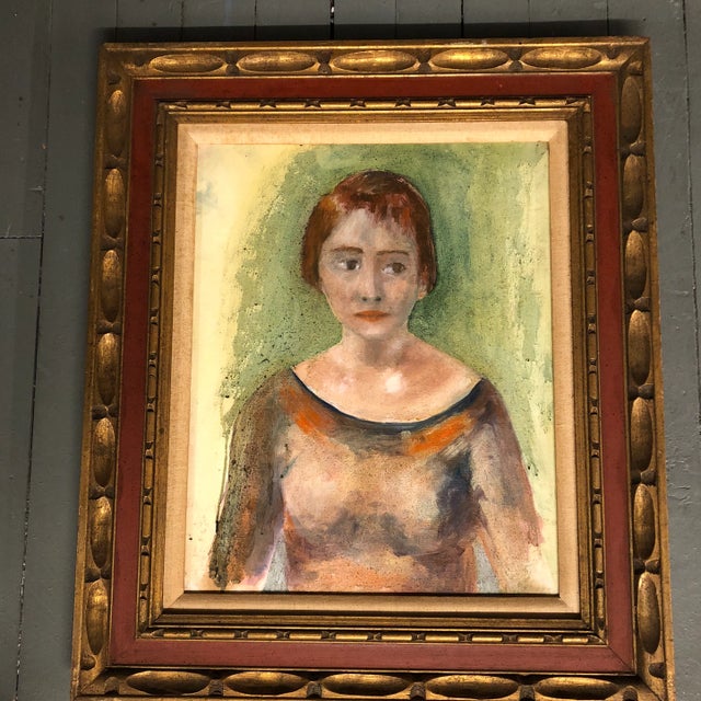 Wood Original Vintage Mid Century Female Portrait Painting For Sale - Image 7 of 7