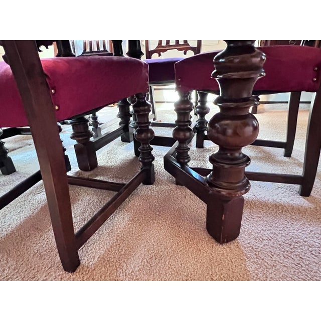 Brown Jacobean Revival Mahogany Dining Table W/Leaves and Pads, Plus 6 Chairs - Set of 7 For Sale - Image 8 of 8