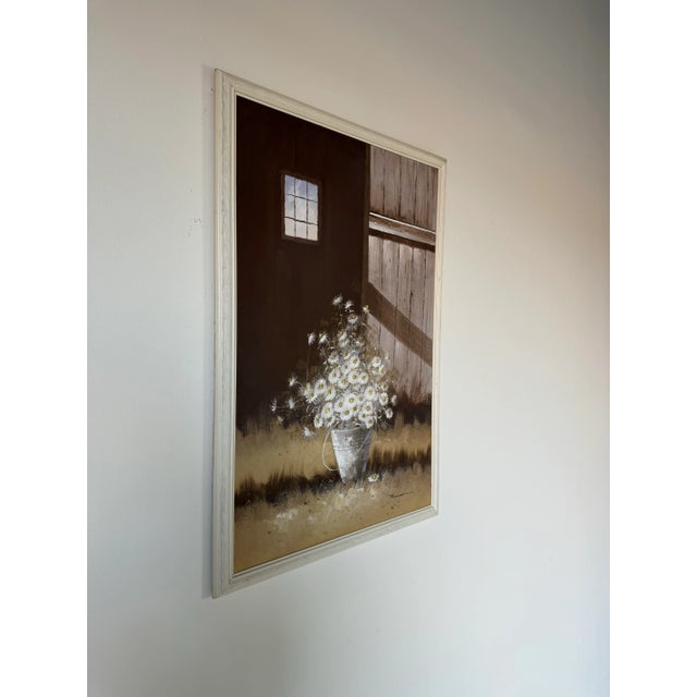 A beautiful and extremely fine vintage oil painting on canvas, depicting still life - landscape scene of daisies on bucket...