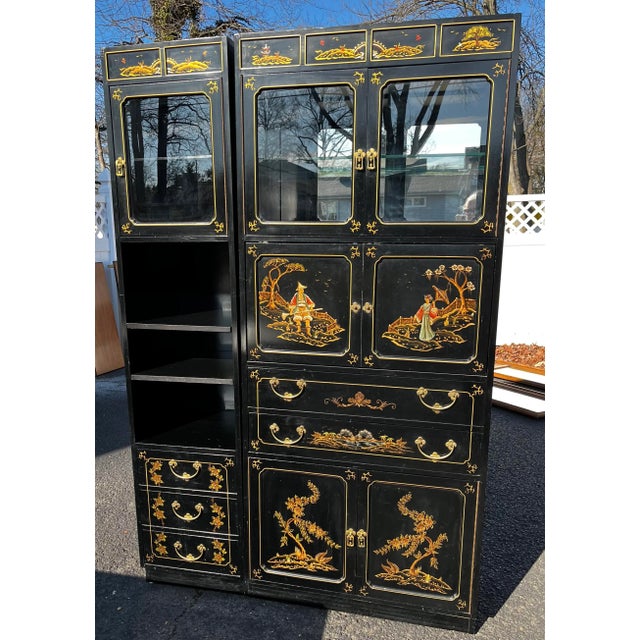 Beautiful handcrafted and hand-decorated Jasper Cabinet Company Chinoiserie black lacquer bar, desk, and display cabinet...