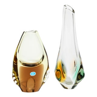 Czech Crystal Glass Vases by Miroslav Klinger for Bohemia Glass, 1950s, Set of 2 For Sale