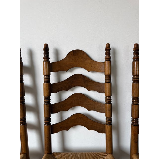 Vintage French Country Style Tall Ladder Back Rush Seat Dining Chairs – Set of 4 For Sale - Image 12 of 18