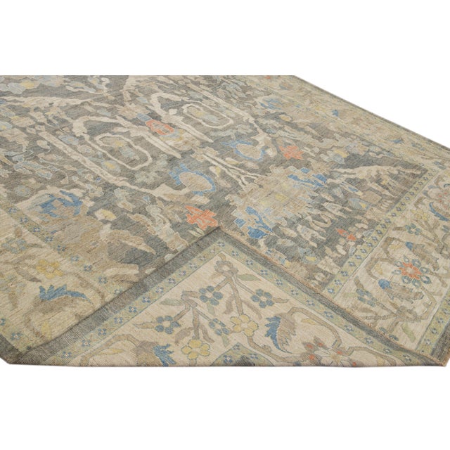 Modern 12 X 17 Modern Sultanabad Wool Rug Handmade in Blue With Floral Design For Sale - Image 3 of 12