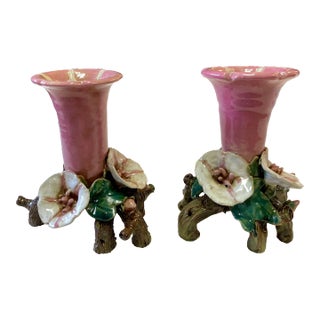 Mid 20th Century Majolica-Style Single-Flute Epergnes - A Pair For Sale