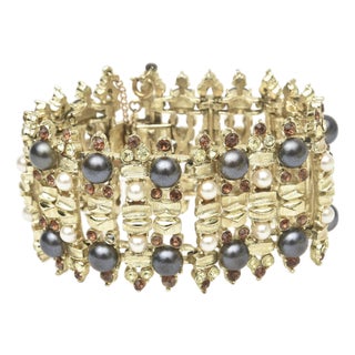 Vintage Signed Francois Gold Plated Cuff Bracelet With Faux Pearls and Amber Rhinestones For Sale