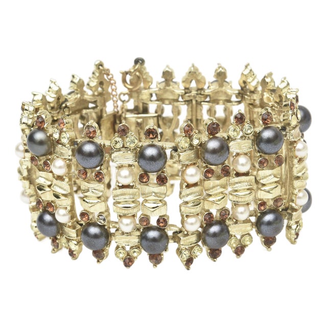 Vintage Signed Francois Gold Plated Cuff Bracelet With Faux Pearls and Amber Rhinestones For Sale