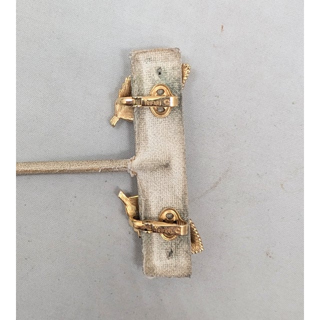 Metal Vintage 1960s Signed Crown Trifari Goldtone Clear Rhinestone Leaf Clip Earrings-2 Pieces For Sale - Image 7 of 12