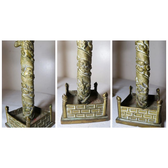 Pair of Antique Ornate Chinese Handmade Brass Dragon Candlesticks Candle Holders For Sale - Image 9 of 14