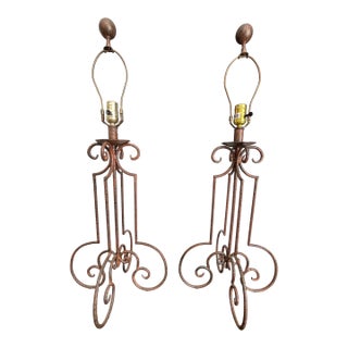 Mid Century Spanish Revival Wrought Iron Table Lamps With Hand Forged Scrollwork For Sale