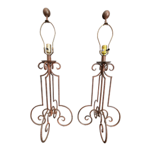 Mid Century Spanish Revival Wrought Iron Table Lamps With Hand Forged Scrollwork