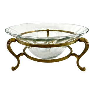 Vintage Glass Bowl With Ornate Brass Stand For Sale
