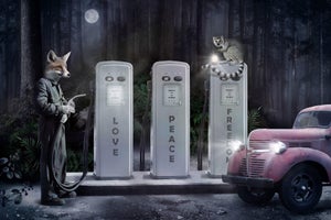 Save Our Future III by Marcin and Kate Owczarek | Digital Art featuring anthropomorphic animals at gas pumps