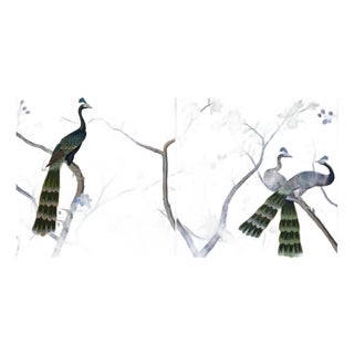 Chinoiserie Hand Painted Peacock Mural Wallpaper - 2 Panels For Sale