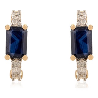 1.0Ct Emerald Cut Blue Sapphire & Diamond Hoop Earrings in 14k Yellow Gold- A Pair For Sale