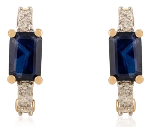 1.0Ct Emerald Cut Blue Sapphire & Diamond Hoop Earrings in 14k Yellow Gold- A Pair
