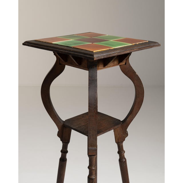 1910s French Chestnut Brown Art Nouveau Pedestal Table with Ceramic Tile Top For Sale - Image 12 of 15