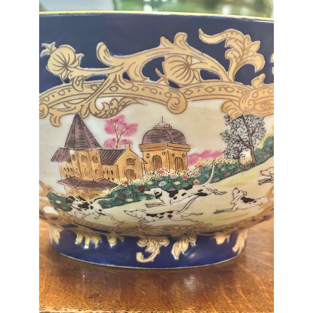 Ceramic Vintage Chinoiserie Porcelain Equestrian Fox Hunt Scene Bowl in Cobalt Blue & Gilt For Sale - Image 7 of 12