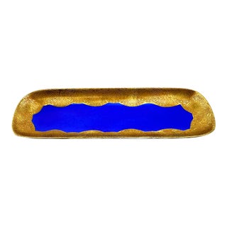 Mid Century French d'Art Du Cruou Blue and Gold Decorative Small Tray For Sale