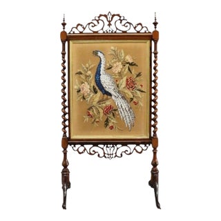 Victorian Barley Twist Rosewood Bead Embroidered Peacock Fireplace Screen C1870 For Sale