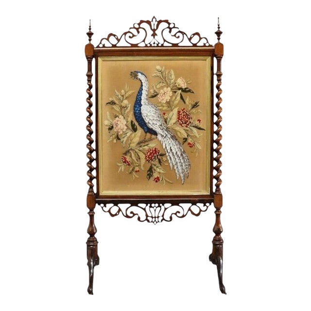 Victorian Barley Twist Rosewood Bead Embroidered Peacock Fireplace Screen C1870 For Sale