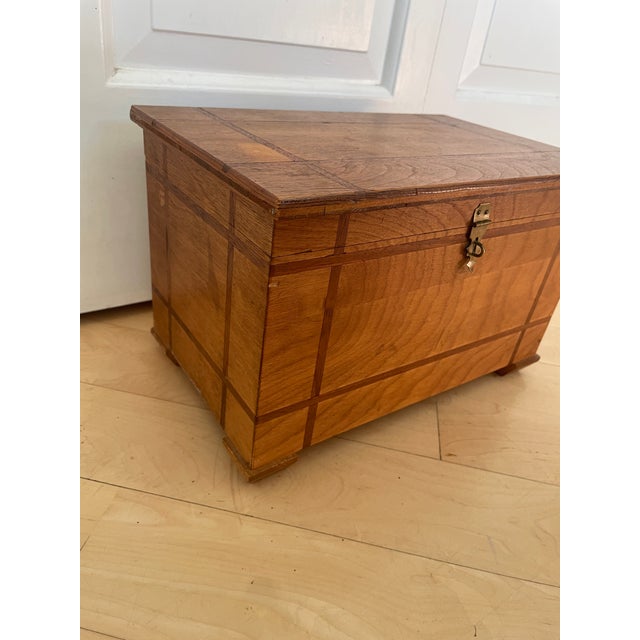 American Vintage Small Table Top Chest Trunk Wooden Box With Inlay Trim For Sale - Image 3 of 12