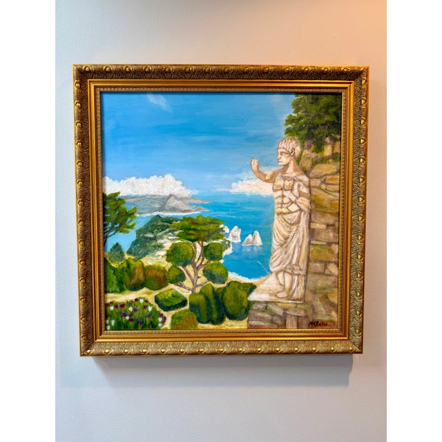 Impressionist style vibrant and lush landscape of the Gardens of Augustus and statue of Augustus in Capri. Acrylic and oil...