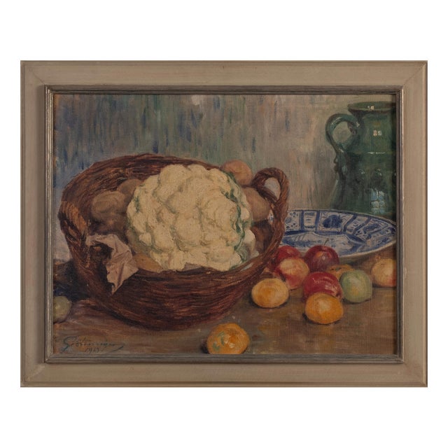 Fritz Grotemeyer, Still Life with Cauliflower and Chinese Plate, Oil on Canvas, 1929 For Sale