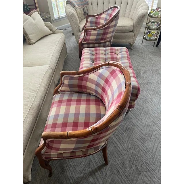 Ruby Red Late 20th Century Three 3 Piece Set: Tufted Ottoman & Matching Chairs For Sale - Image 8 of 12