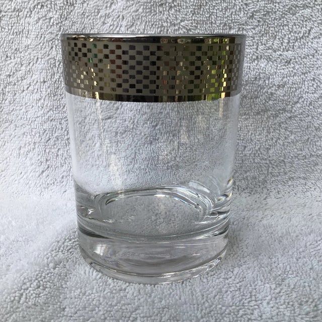 Mid-Century Modern Platinum Band Rim Checkerboard Geometric Pattern Lowball Glasses-Set of 6 For Sale - Image 3 of 13