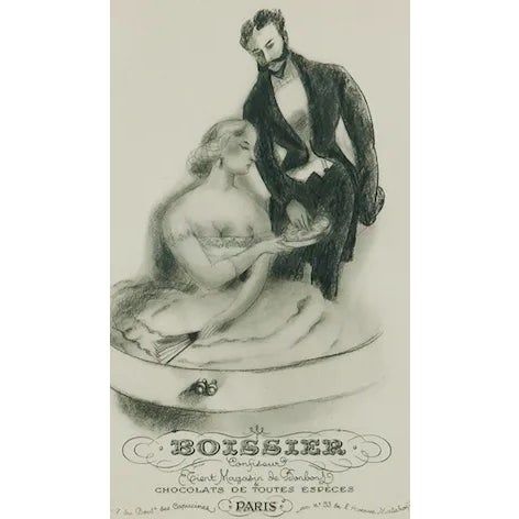 Fabulous c1920s Parisien advert sheet promoting 'Boissier Confiseur' Chocolats De Toutes Especes' Image Sz: 10 3/4"H x 6...
